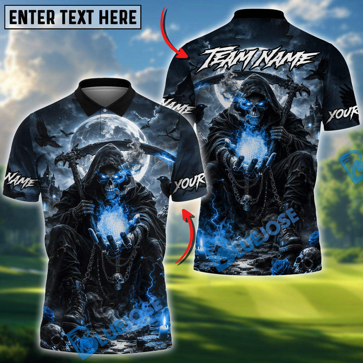 BlueJose Golf Dark Night Reaper Design Personalized Name, Team Name 3D Shirt (4 Colors)