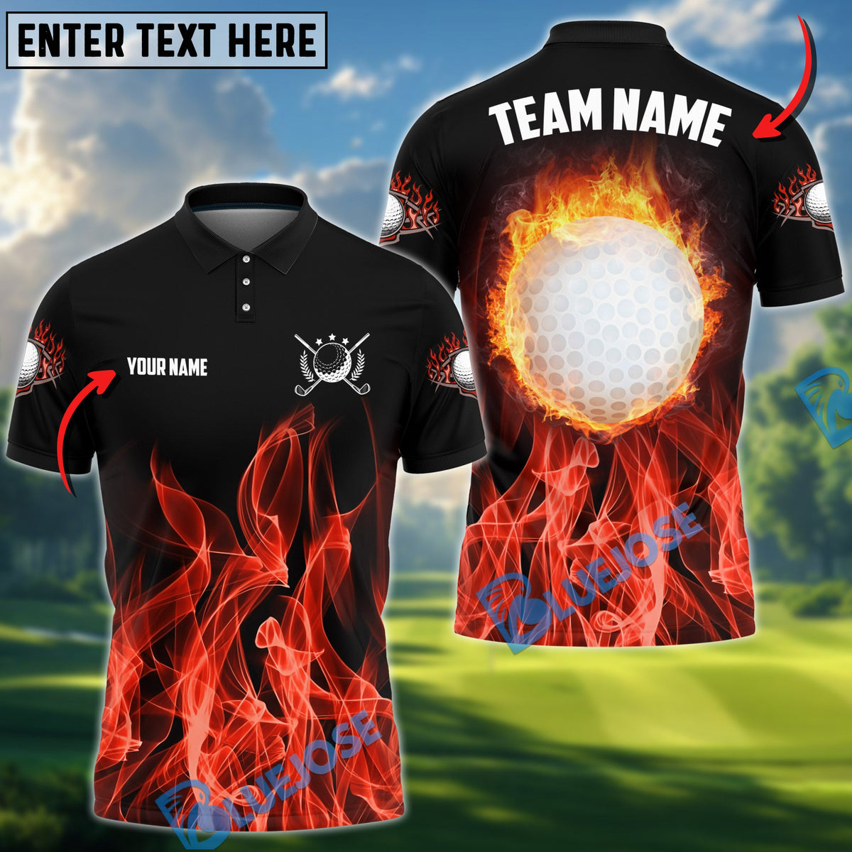BlueJose Golf Heavenly Flame Design Personalized Name, Team Name 3D Shirt (4 Colors)
