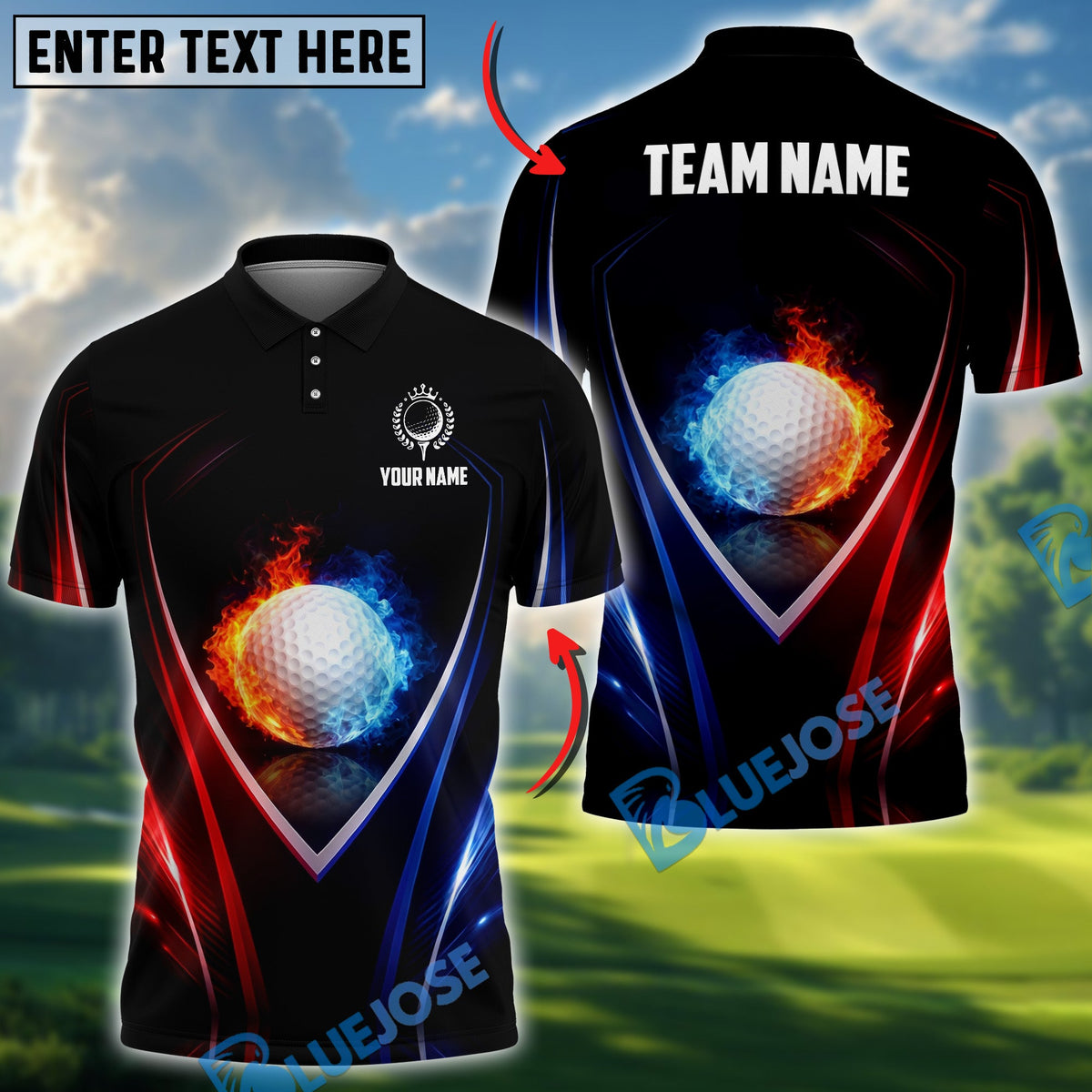 BlueJose Golf Blue And Red Flame Design Customized Name, Team Name Shirts