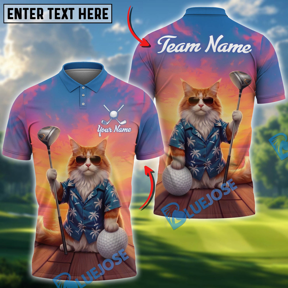 BlueJose Golf Funny Cat Sunglasses Sunset Vibes Graphic Design Customized Name, Team Name Shirts