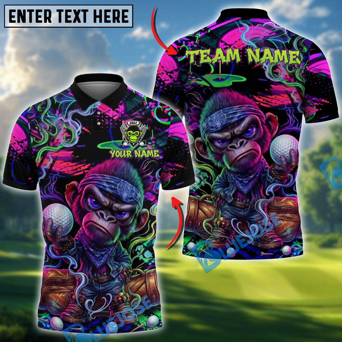 BlueJose Golf Angry Monkey Neon Graffiti Design Customized Name, Team Name Shirts