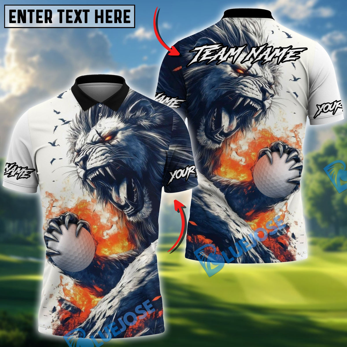 BlueJose Golf Lion Fire Design Customized Name, Team Name Shirts