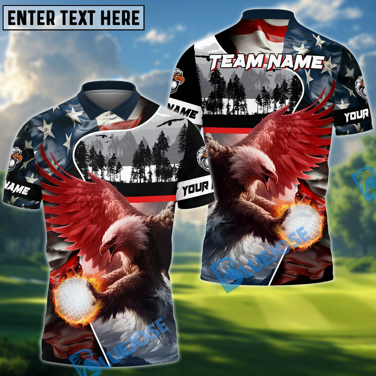 BlueJose Golf Fire Jungle Eagle American Flag Customized Name, Team Name Shirts