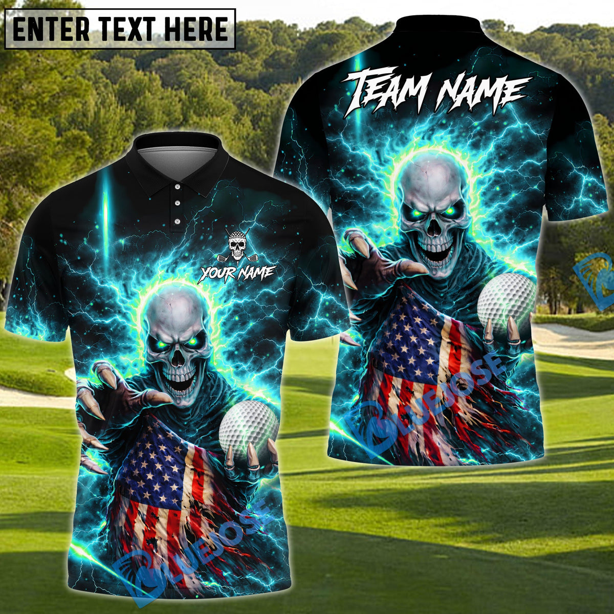 BlueJose Golf Lightning US Flag Skull Design Personalized Name, Team Name 3D Shirt (4 Colors)