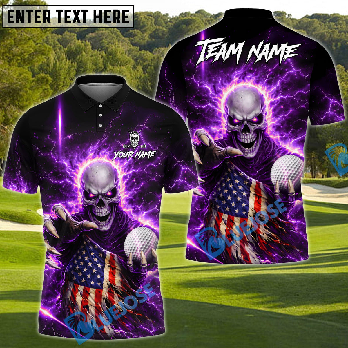 BlueJose Golf Lightning US Flag Skull Design Personalized Name, Team Name 3D Shirt (4 Colors)