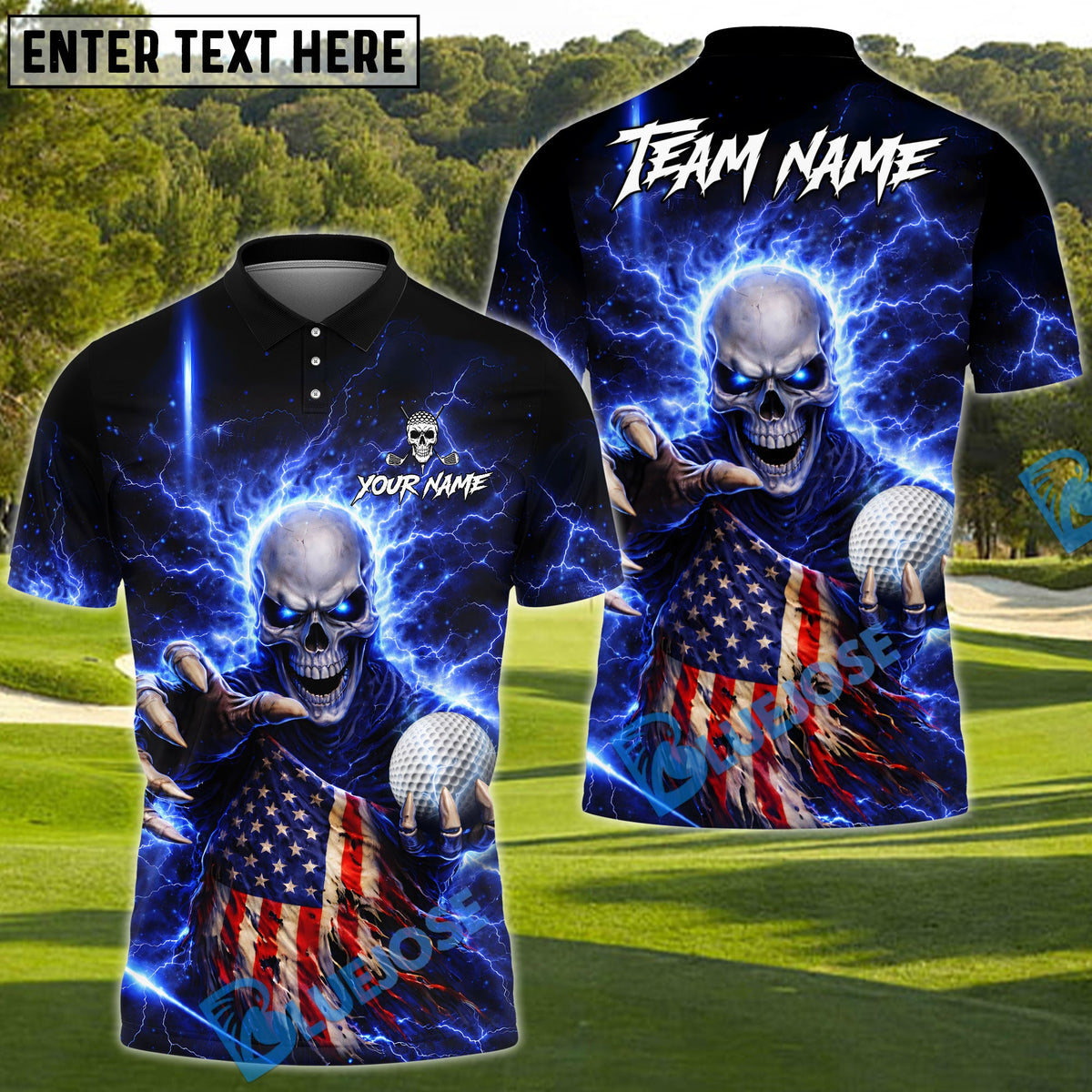 BlueJose Golf Lightning US Flag Skull Design Personalized Name, Team Name 3D Shirt (4 Colors)