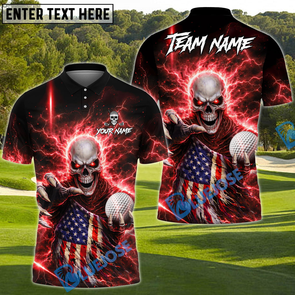 BlueJose Golf Lightning US Flag Skull Design Personalized Name, Team Name 3D Shirt (4 Colors)
