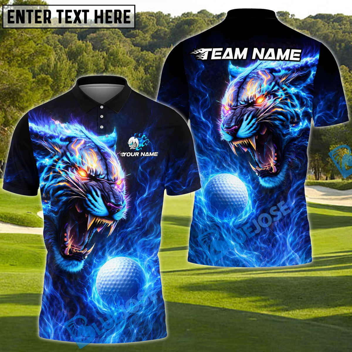 BlueJose Golf Fire Tiger Power Design Personalized Name, Team Name 3D Shirt (4 Colors)