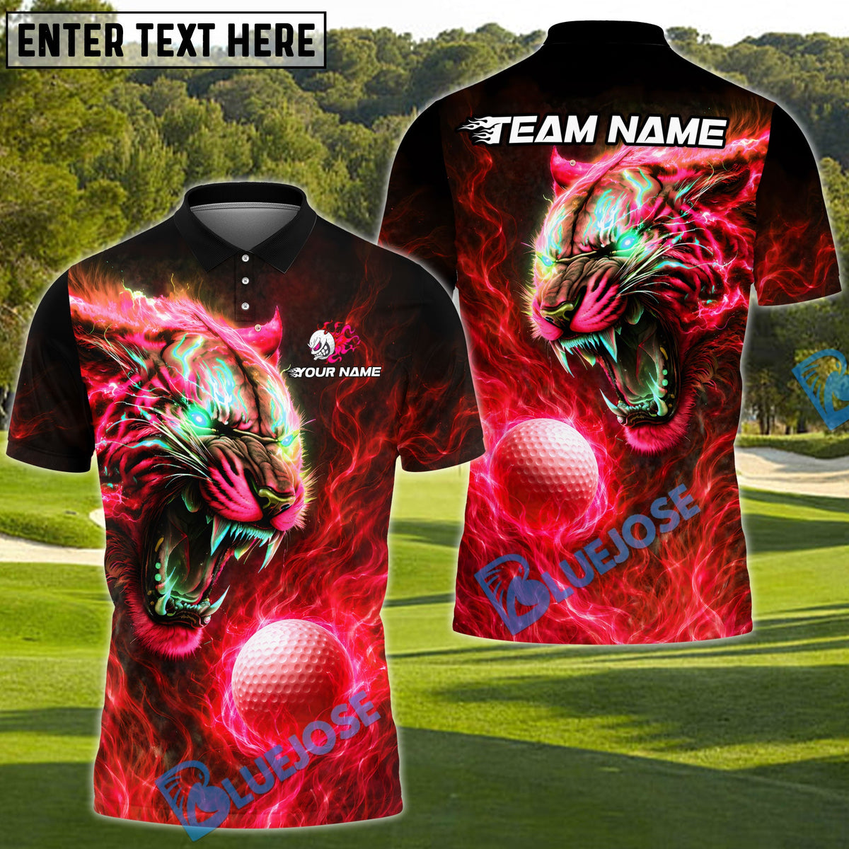 BlueJose Golf Fire Tiger Power Design Personalized Name, Team Name 3D Shirt (4 Colors)