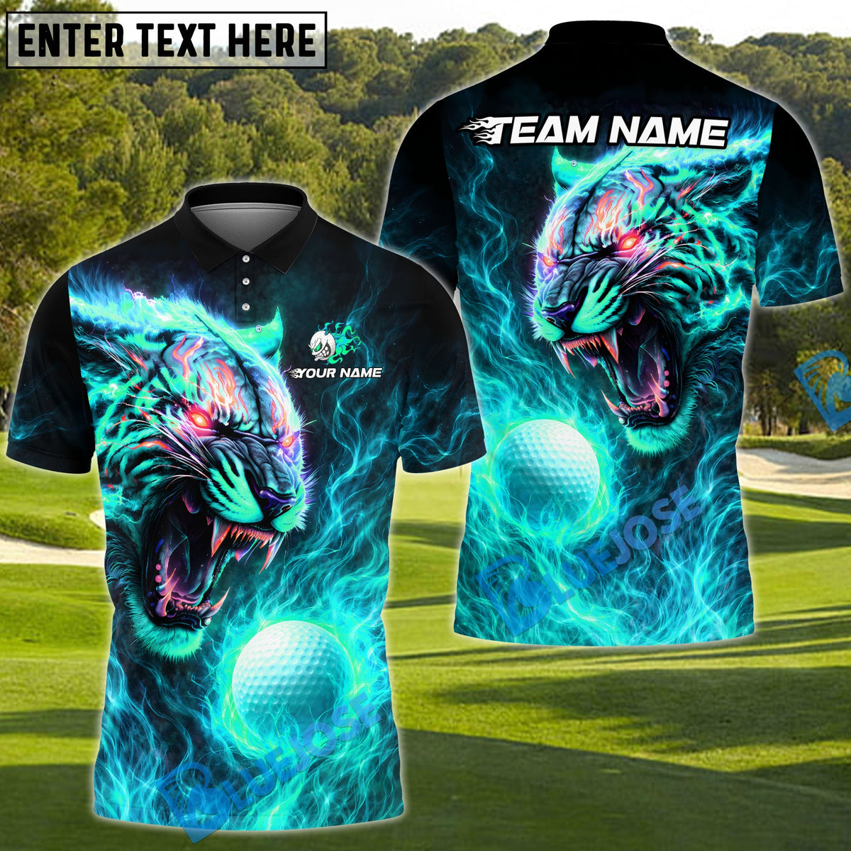 BlueJose Golf Fire Tiger Power Design Personalized Name, Team Name 3D Shirt (4 Colors)