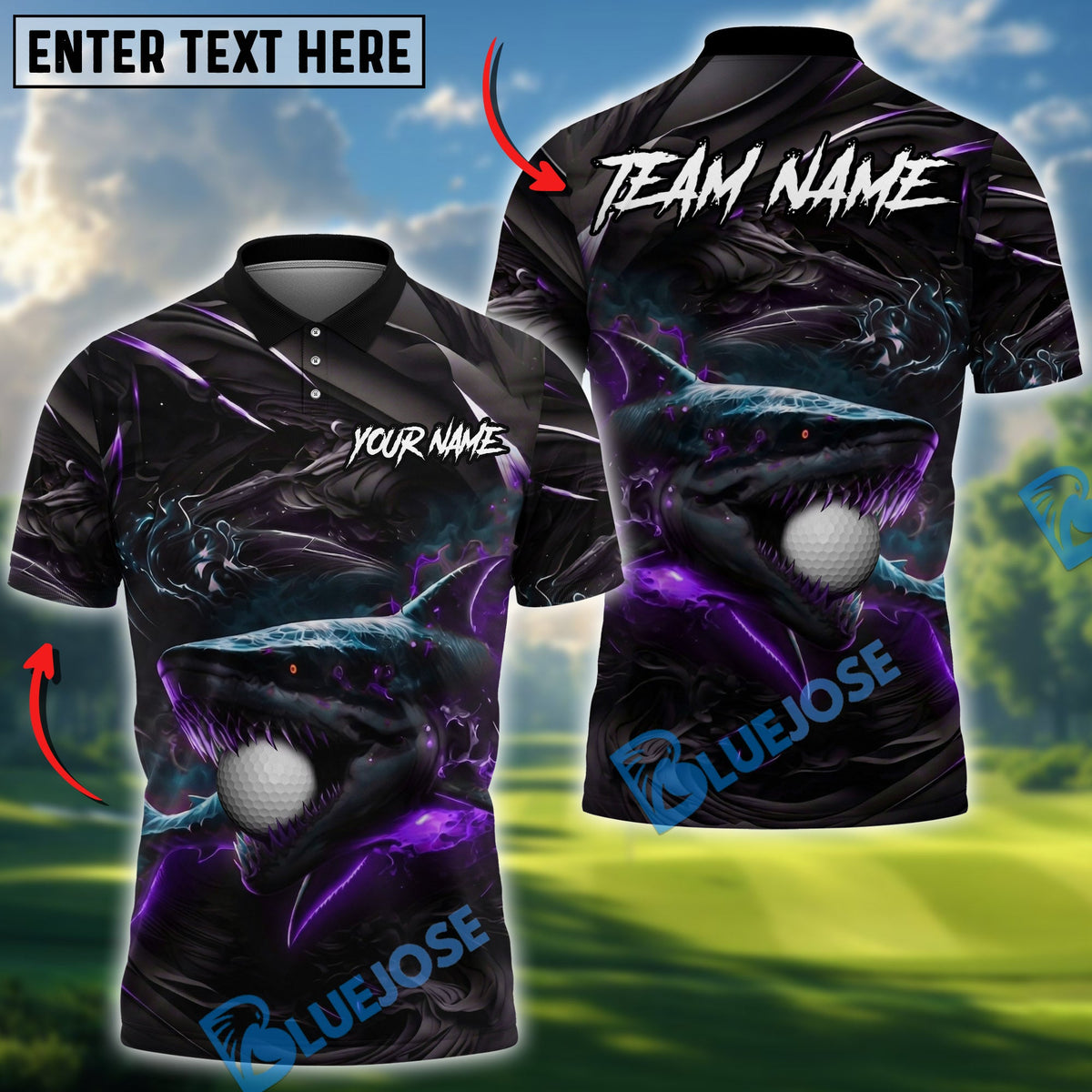 BlueJose Golf Hell Flame Shark Design Personalized Name, Team Name 3D Shirt (4 Colors)