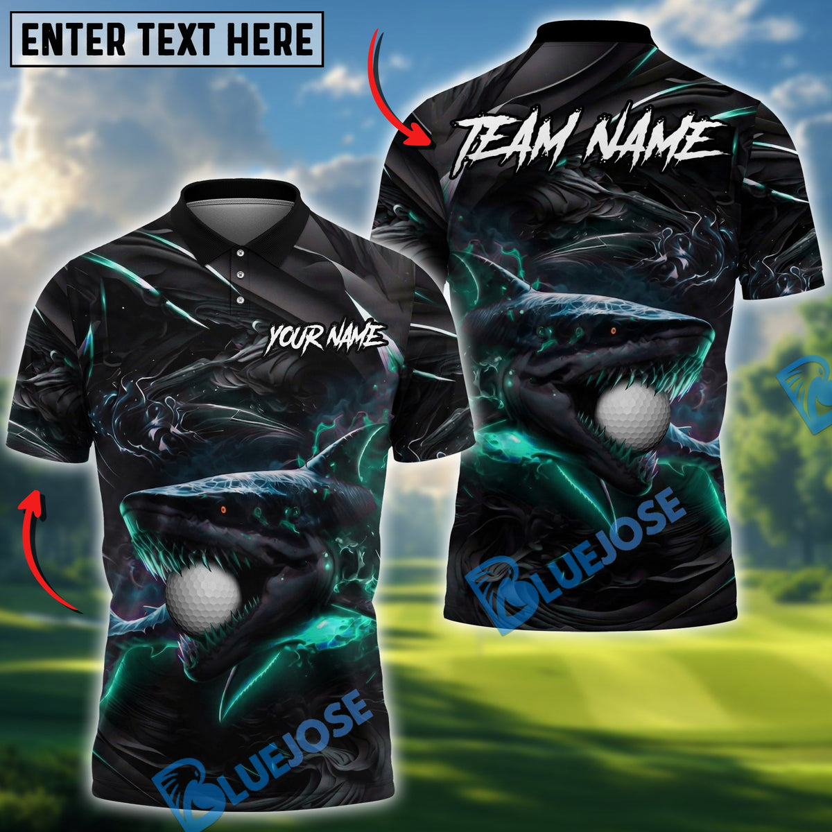 BlueJose Golf Hell Flame Shark Design Personalized Name, Team Name 3D Shirt (4 Colors)