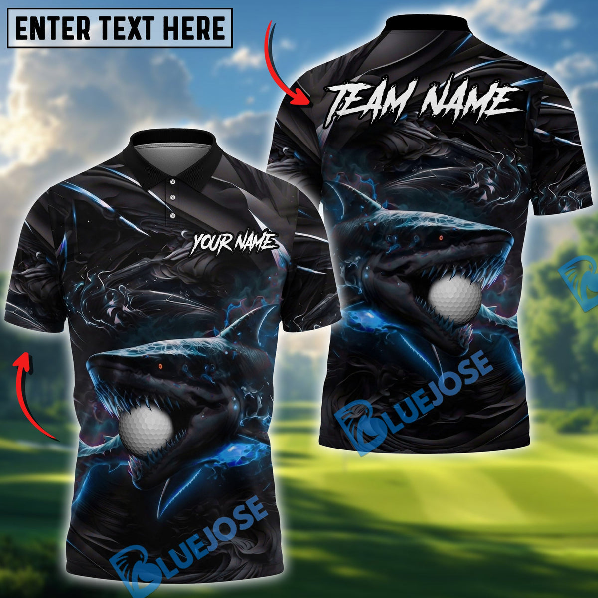 BlueJose Golf Hell Flame Shark Design Personalized Name, Team Name 3D Shirt (4 Colors)