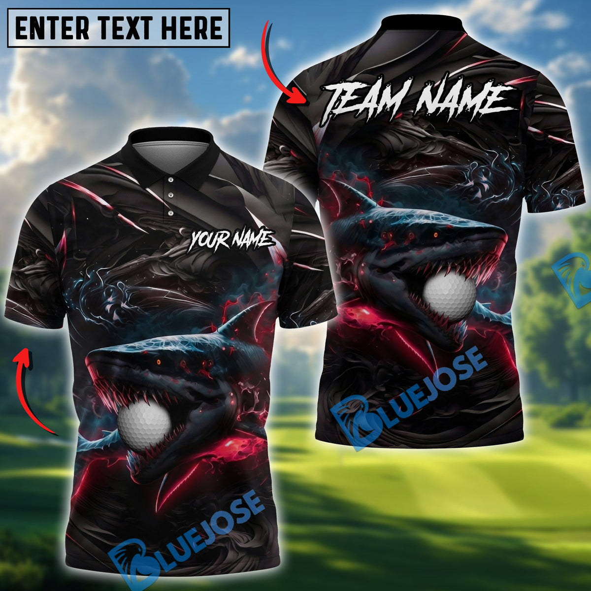 BlueJose Golf Hell Flame Shark Design Personalized Name, Team Name 3D Shirt (4 Colors)