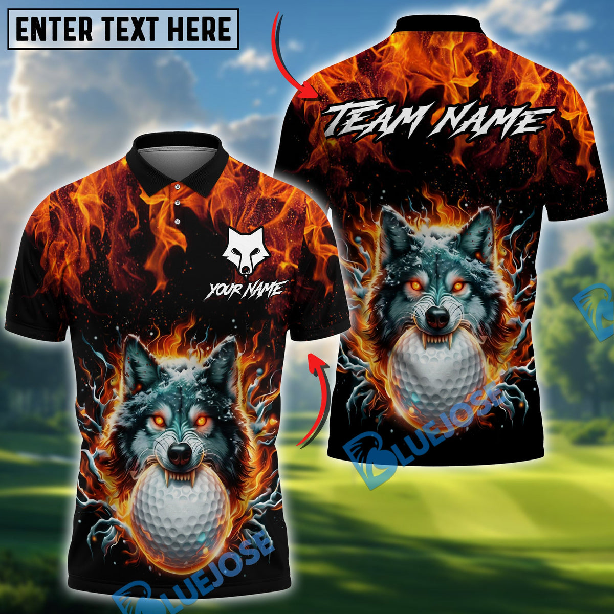 BlueJose Golf Flaming Wolf Design Personalized Name, Team Name 3D Shirt (4 Colors)