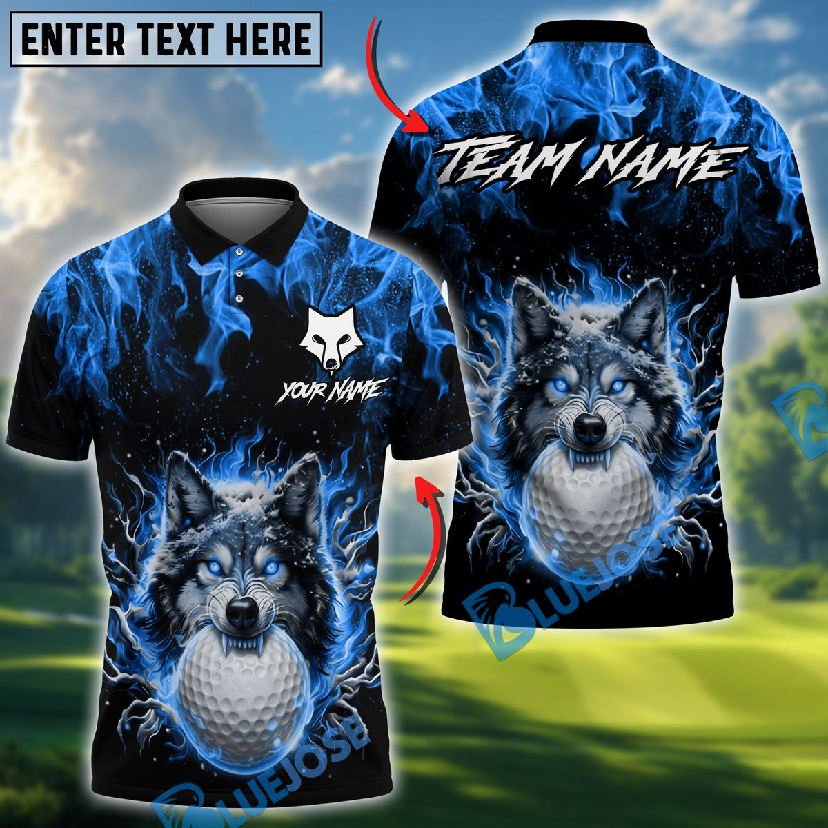 BlueJose Golf Flaming Wolf Design Personalized Name, Team Name 3D Shirt (4 Colors)