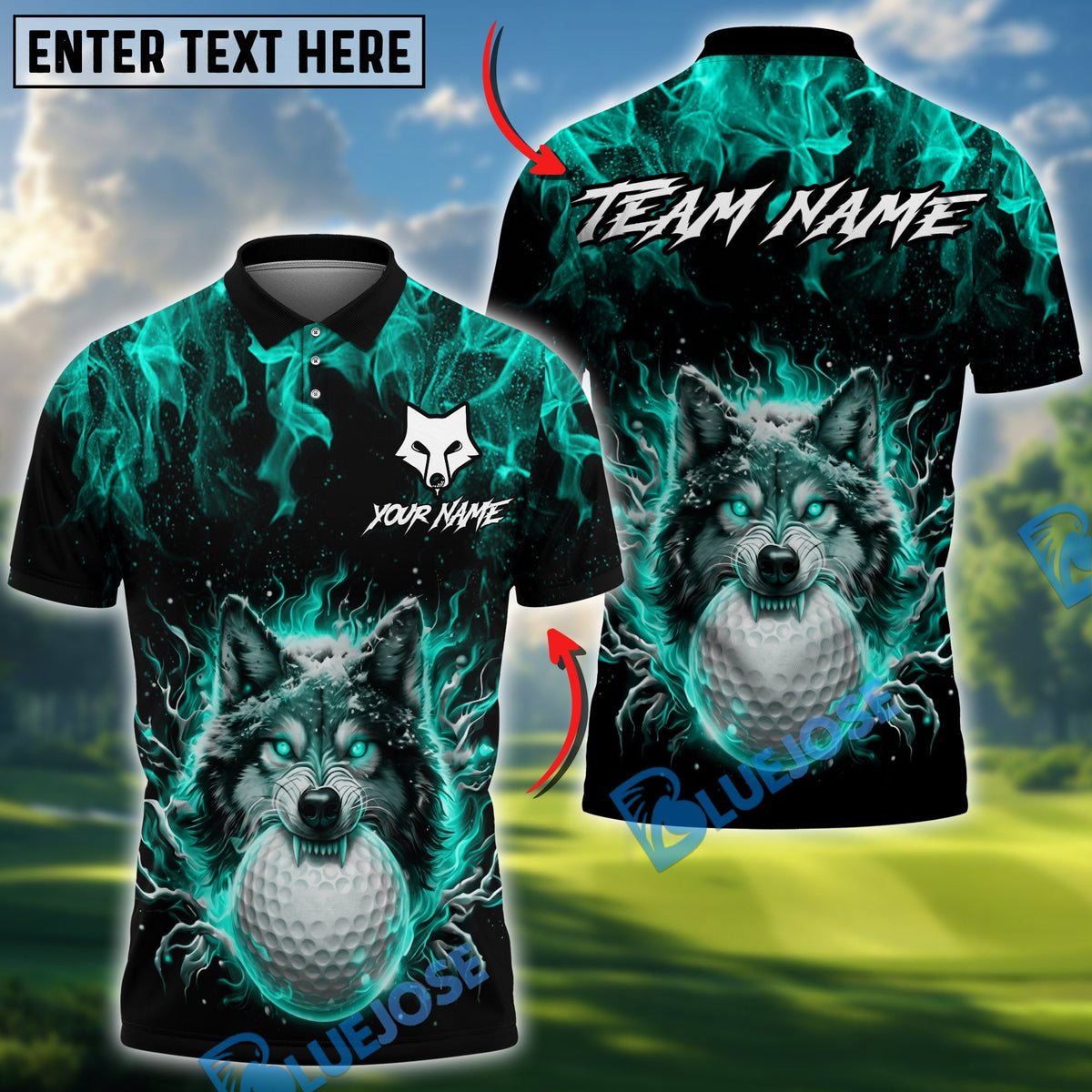 BlueJose Golf Flaming Wolf Design Personalized Name, Team Name 3D Shirt (4 Colors)