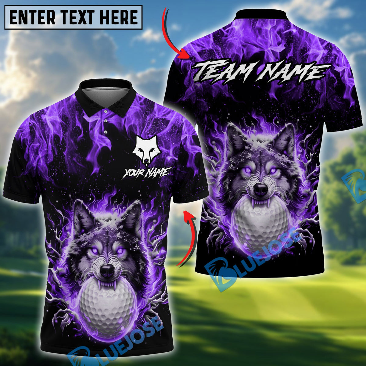 BlueJose Golf Flaming Wolf Design Personalized Name, Team Name 3D Shirt (4 Colors)