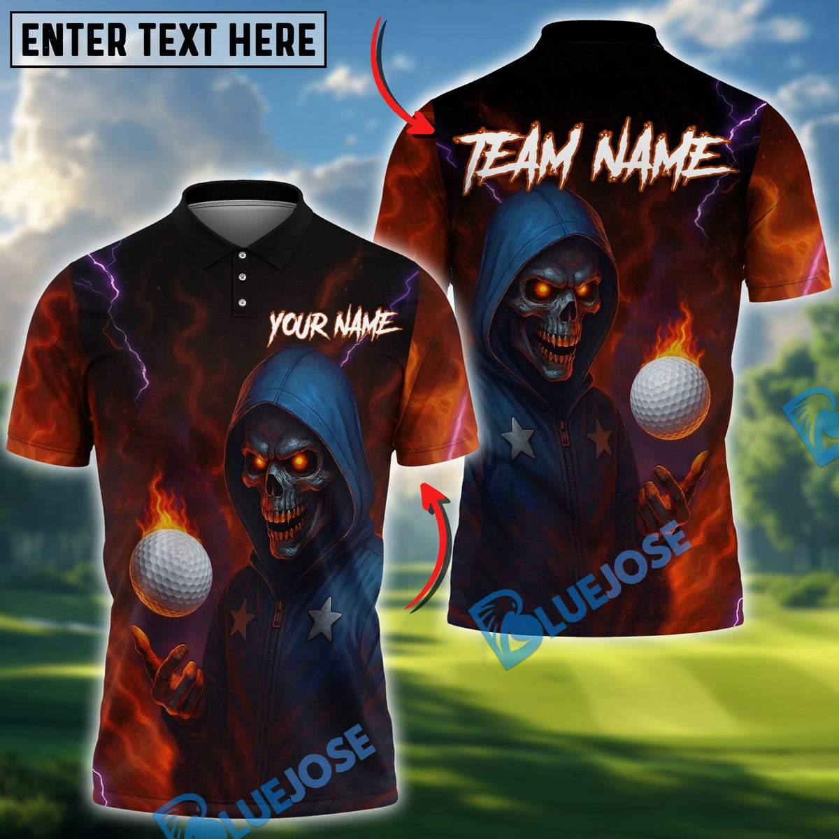 BlueJose Golf Fire Grim Reaper Skull American Flag Customized Name, Team Name Shirts