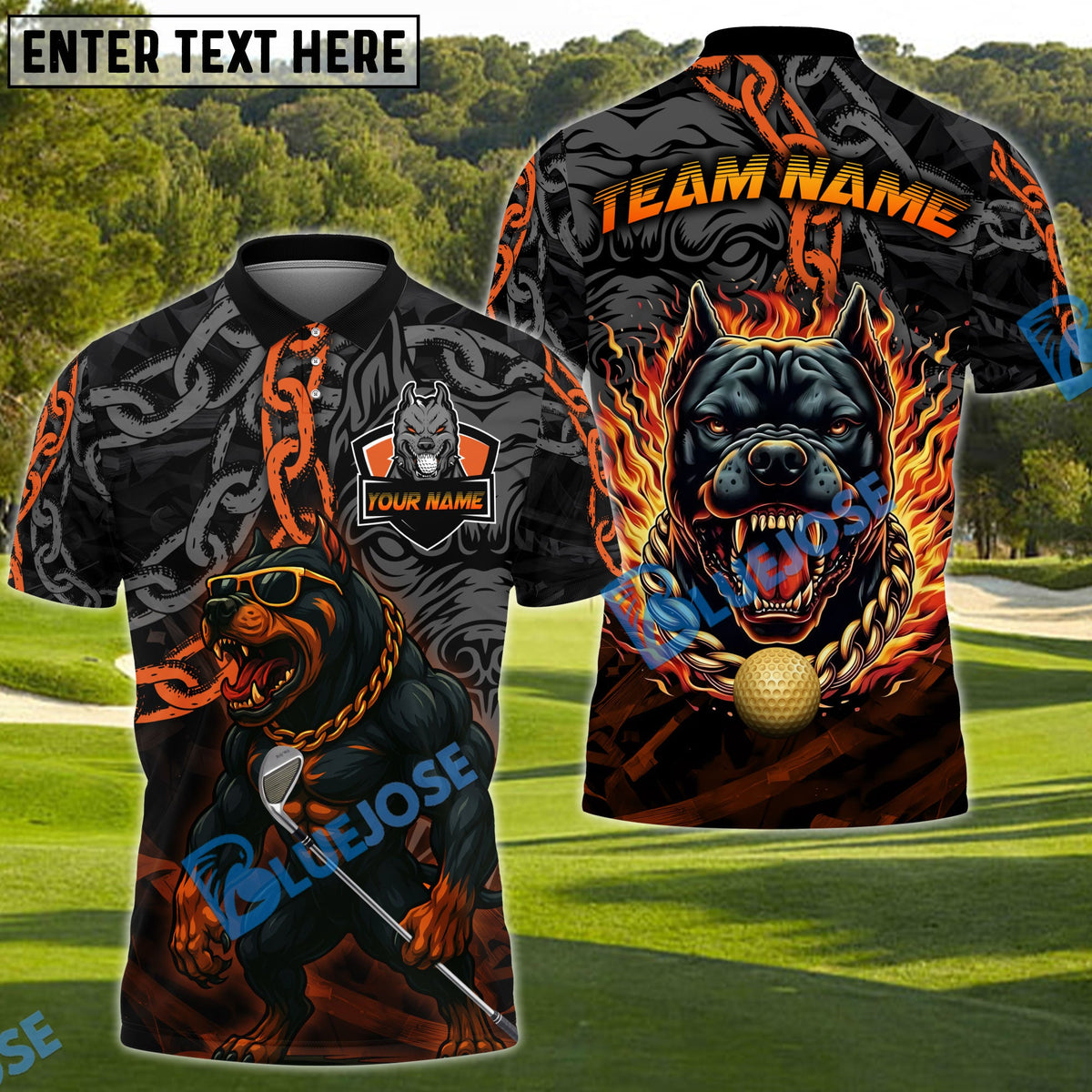 BlueJose Golf Pitbull Flame Chain Personalized Name, Team Name 3D Shirt (4 Colors)