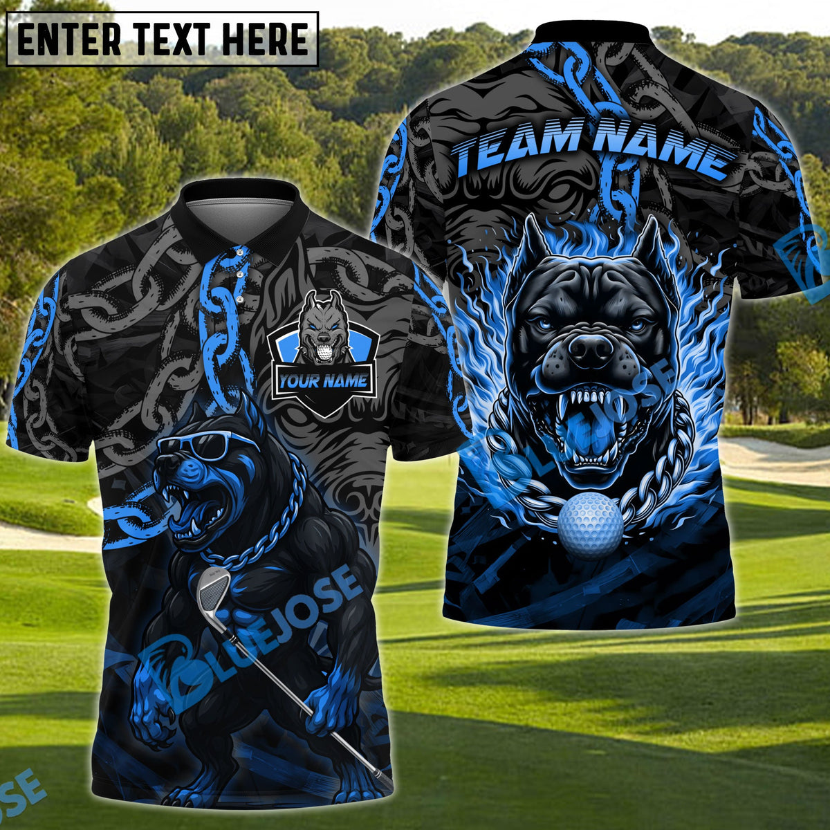 BlueJose Golf Pitbull Flame Chain Personalized Name, Team Name 3D Shirt (4 Colors)