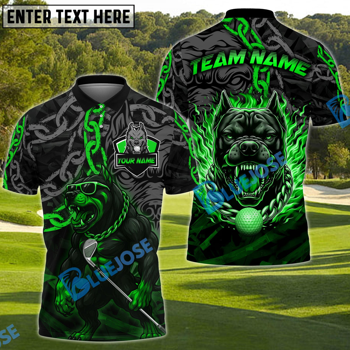 BlueJose Golf Pitbull Flame Chain Personalized Name, Team Name 3D Shirt (4 Colors)