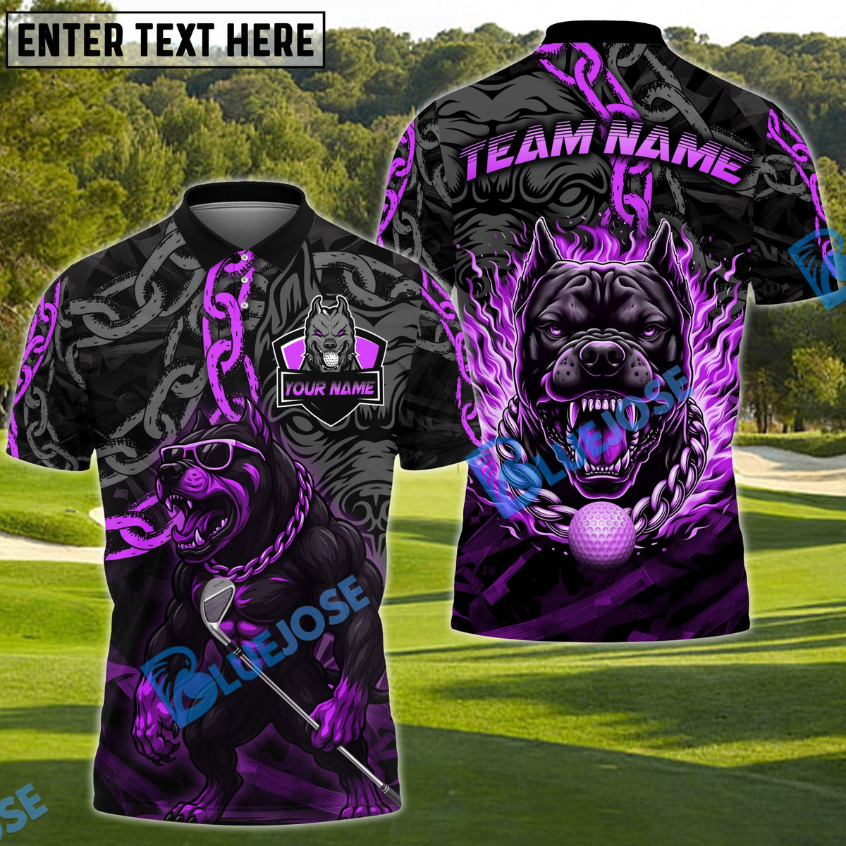 BlueJose Golf Pitbull Flame Chain Personalized Name, Team Name 3D Shirt (4 Colors)