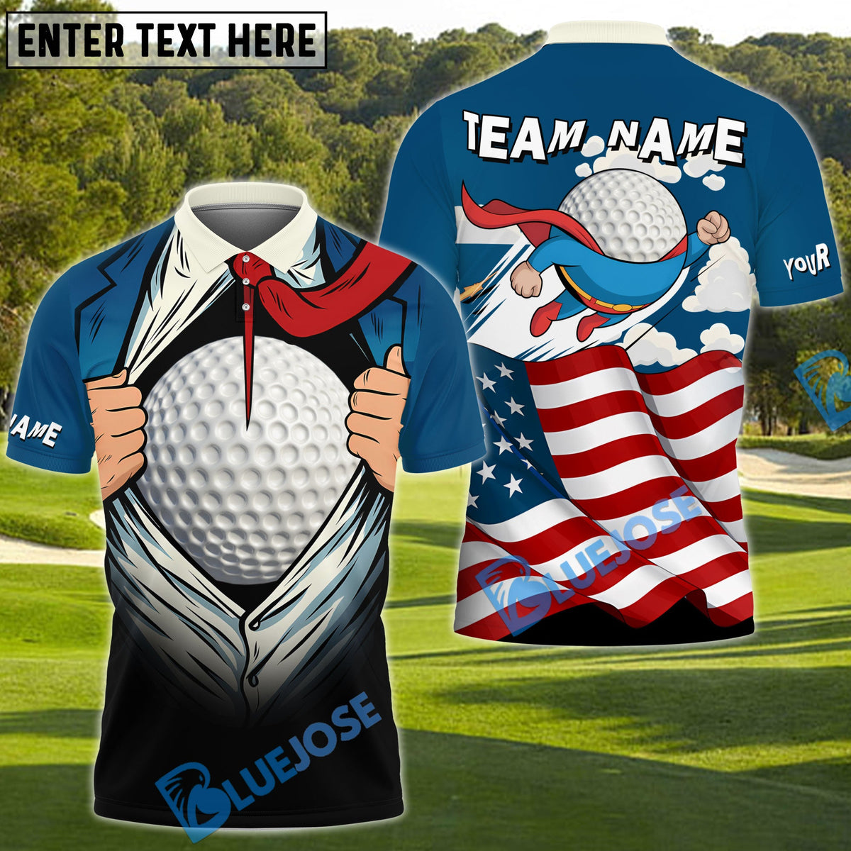 BlueJose Golf Super Ball American Flag Customized Name, Team Name Shirts