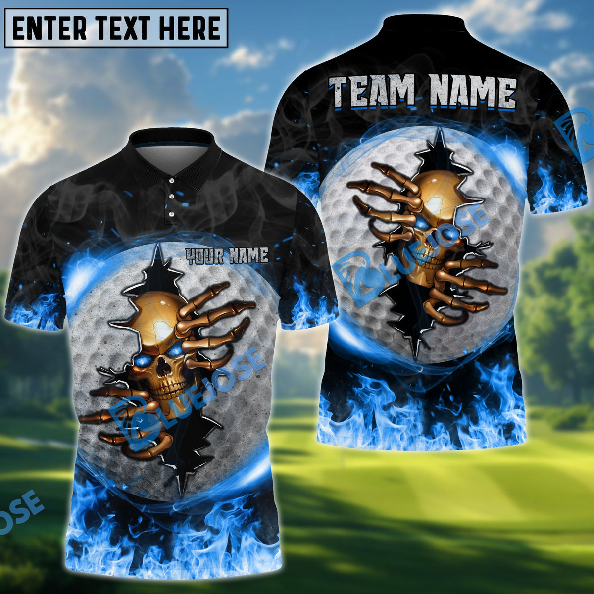 BlueJose Golf Fire Skull Crack Ball Personalized Name, Team Name 3D Shirt (6 Colors)