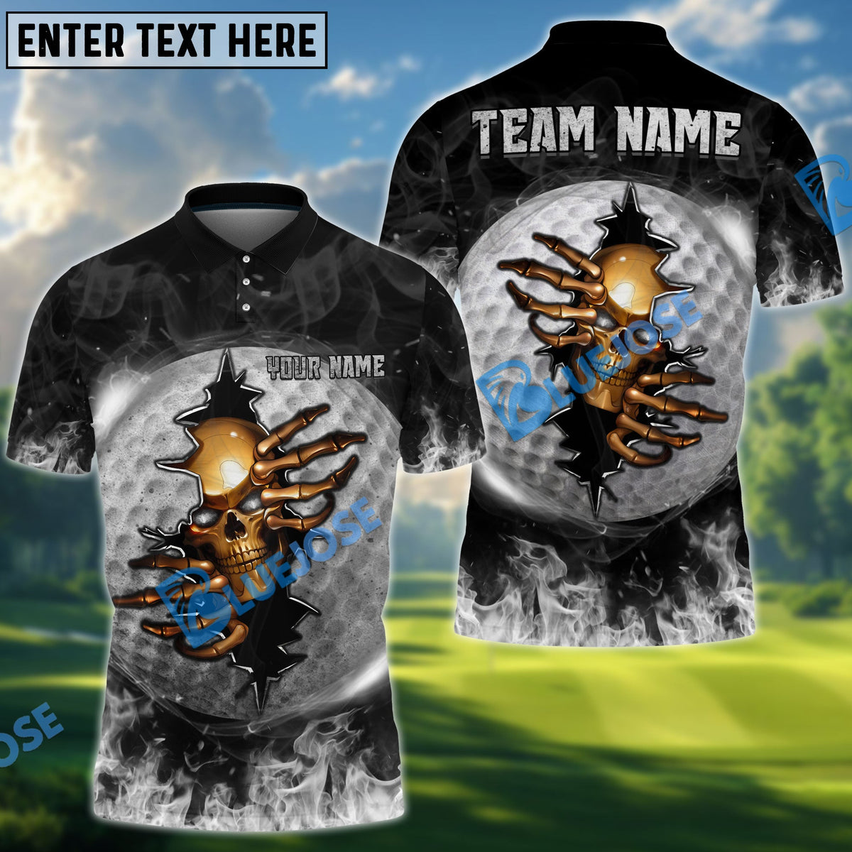 BlueJose Golf Fire Skull Crack Ball Personalized Name, Team Name 3D Shirt (6 Colors)