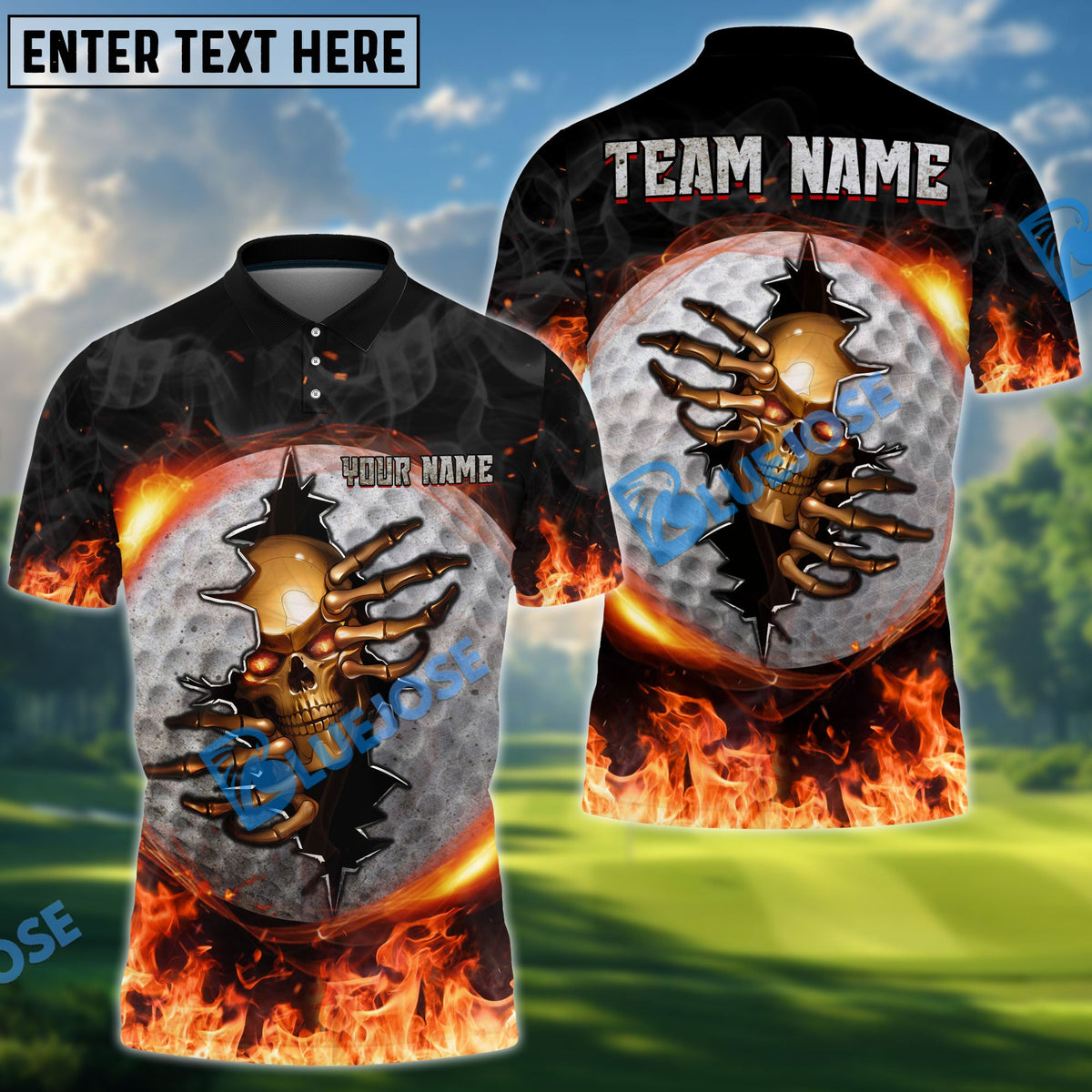 BlueJose Golf Fire Skull Crack Ball Personalized Name, Team Name 3D Shirt (6 Colors)