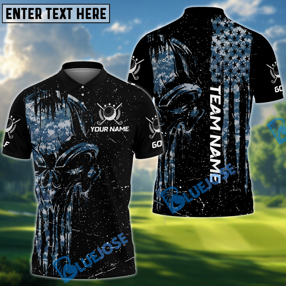BlueJose Golf Camo Punisher Skull Personalized Name, Team Name 3D Shirt (4 Colors)