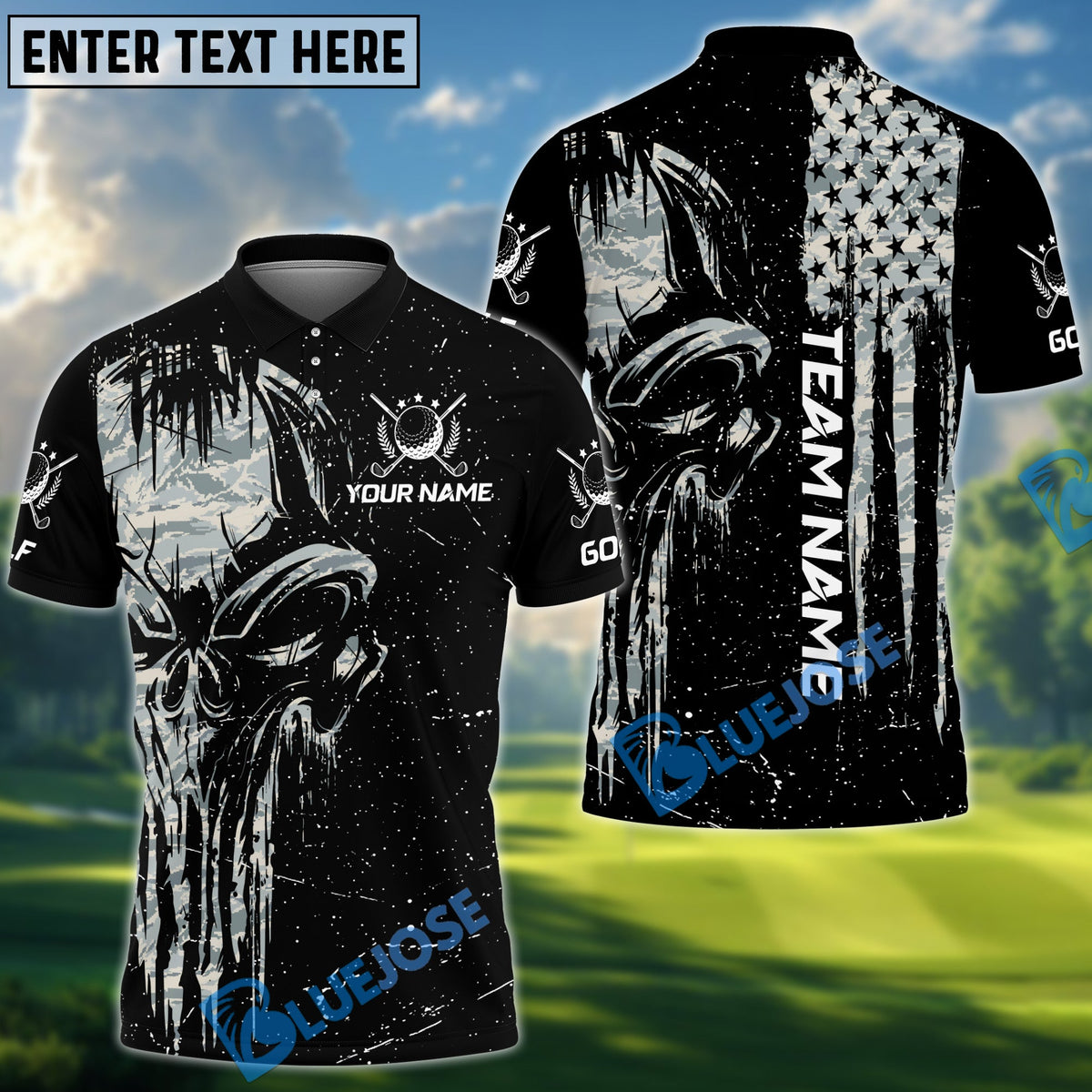 BlueJose Golf Camo Punisher Skull Personalized Name, Team Name 3D Shirt (4 Colors)