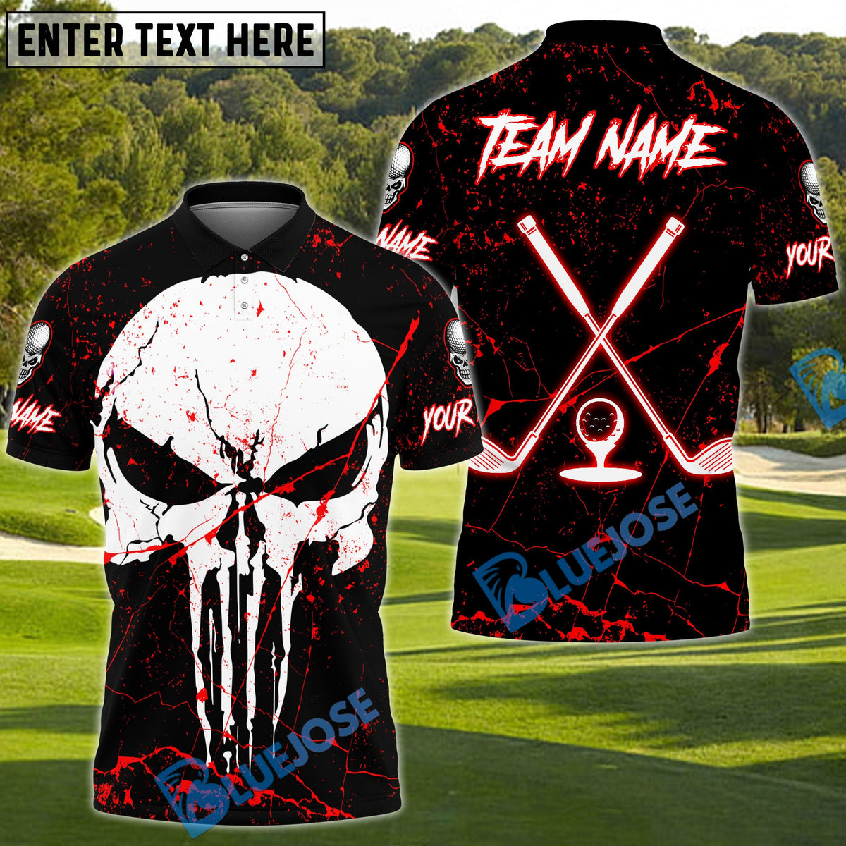 BlueJose Golf Punisher Skull Cross Club Personalized Name, Team Name 3D Shirt (4 Colors)