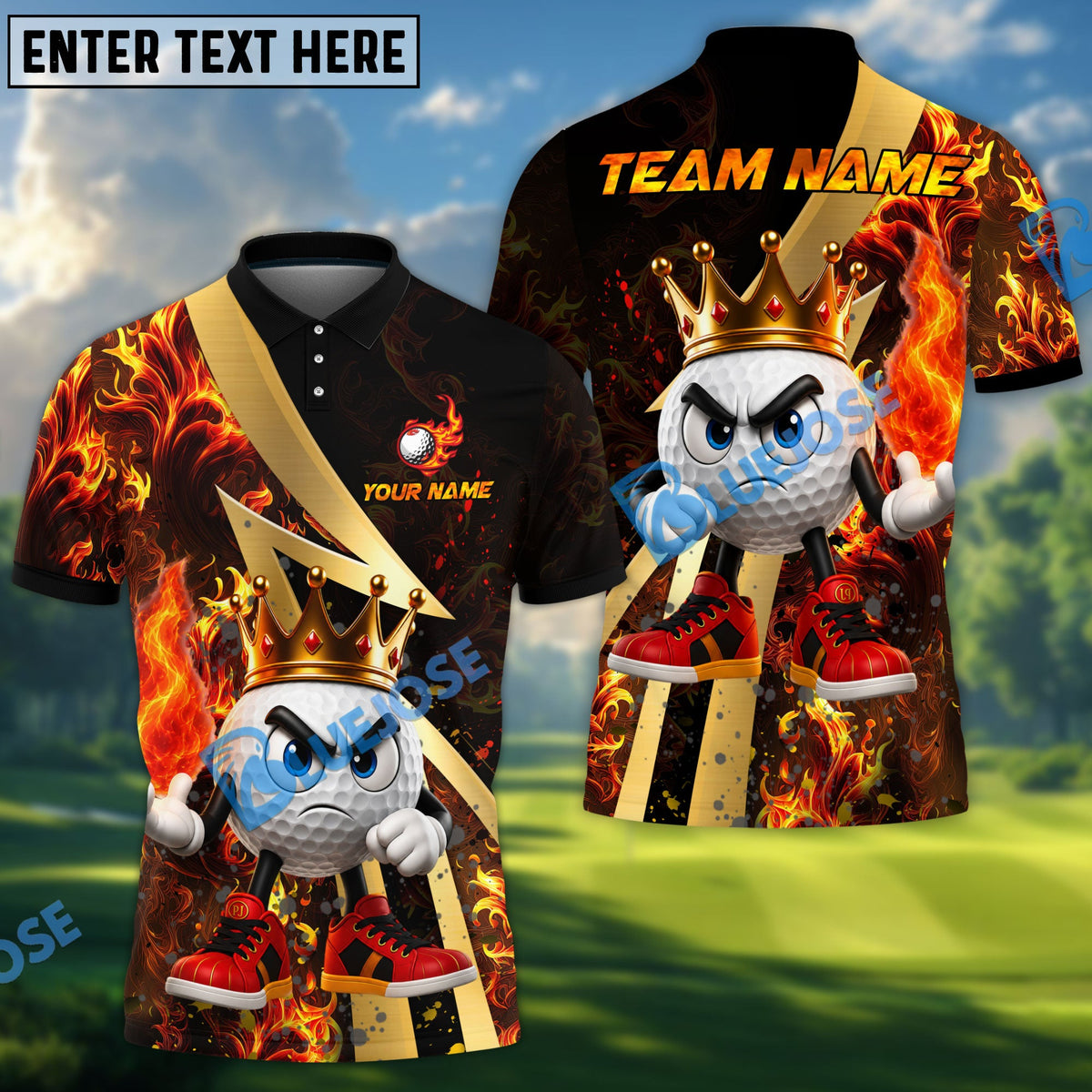 BlueJose Golf Royal Flames King Character Personalized Name, Team Name 3D Shirt (4 Colors)