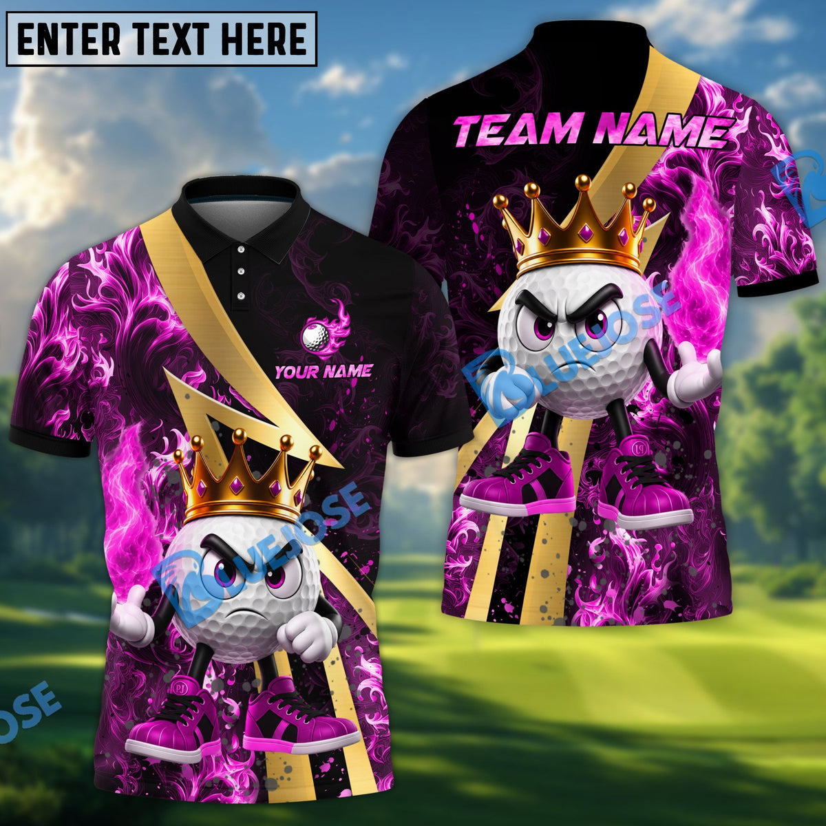 BlueJose Golf Royal Flames King Character Personalized Name, Team Name 3D Shirt (4 Colors)