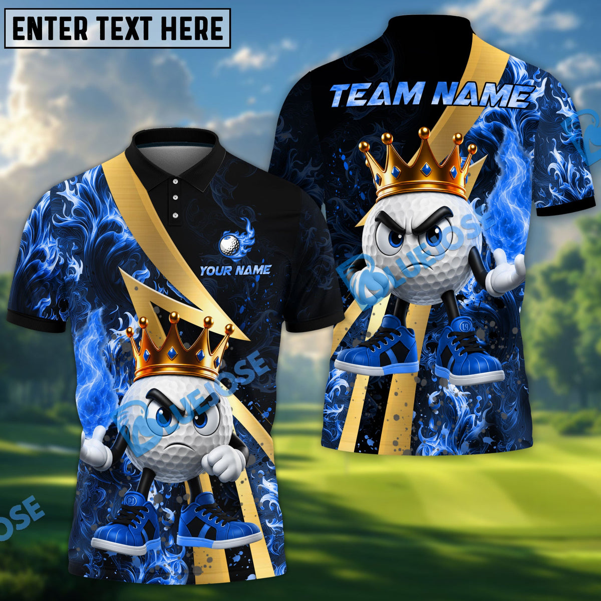 BlueJose Golf Royal Flames King Character Personalized Name, Team Name 3D Shirt (4 Colors)