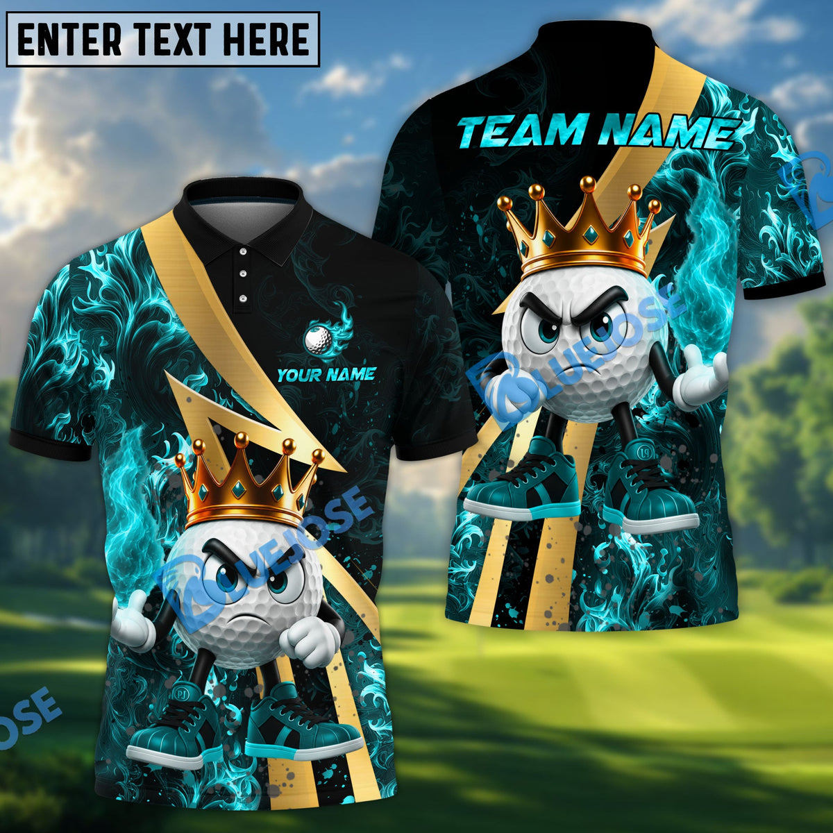 BlueJose Golf Royal Flames King Character Personalized Name, Team Name 3D Shirt (4 Colors)