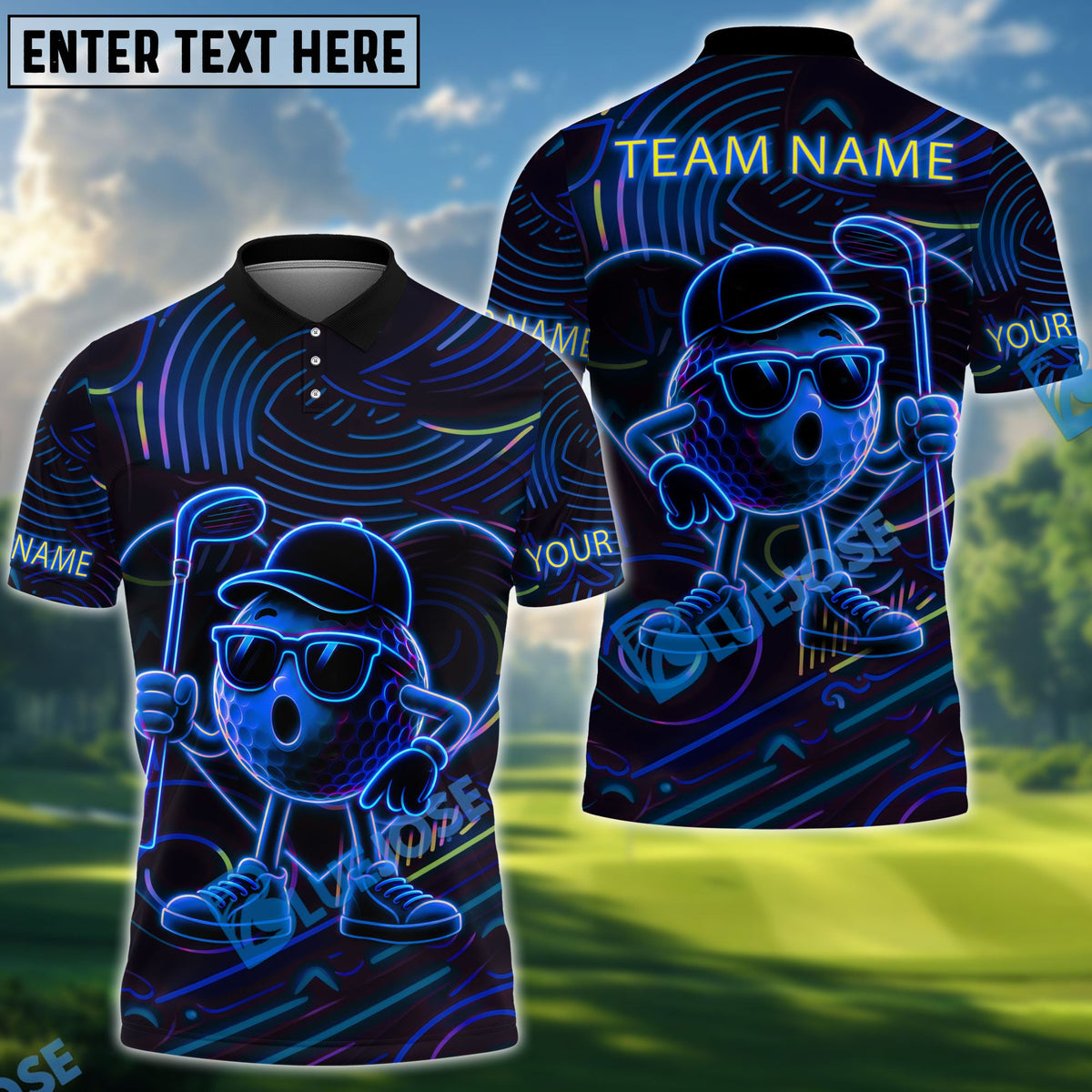 BlueJose Golf Neon Funny Character Personalized Name, Team Name 3D Shirt (4 Colors)