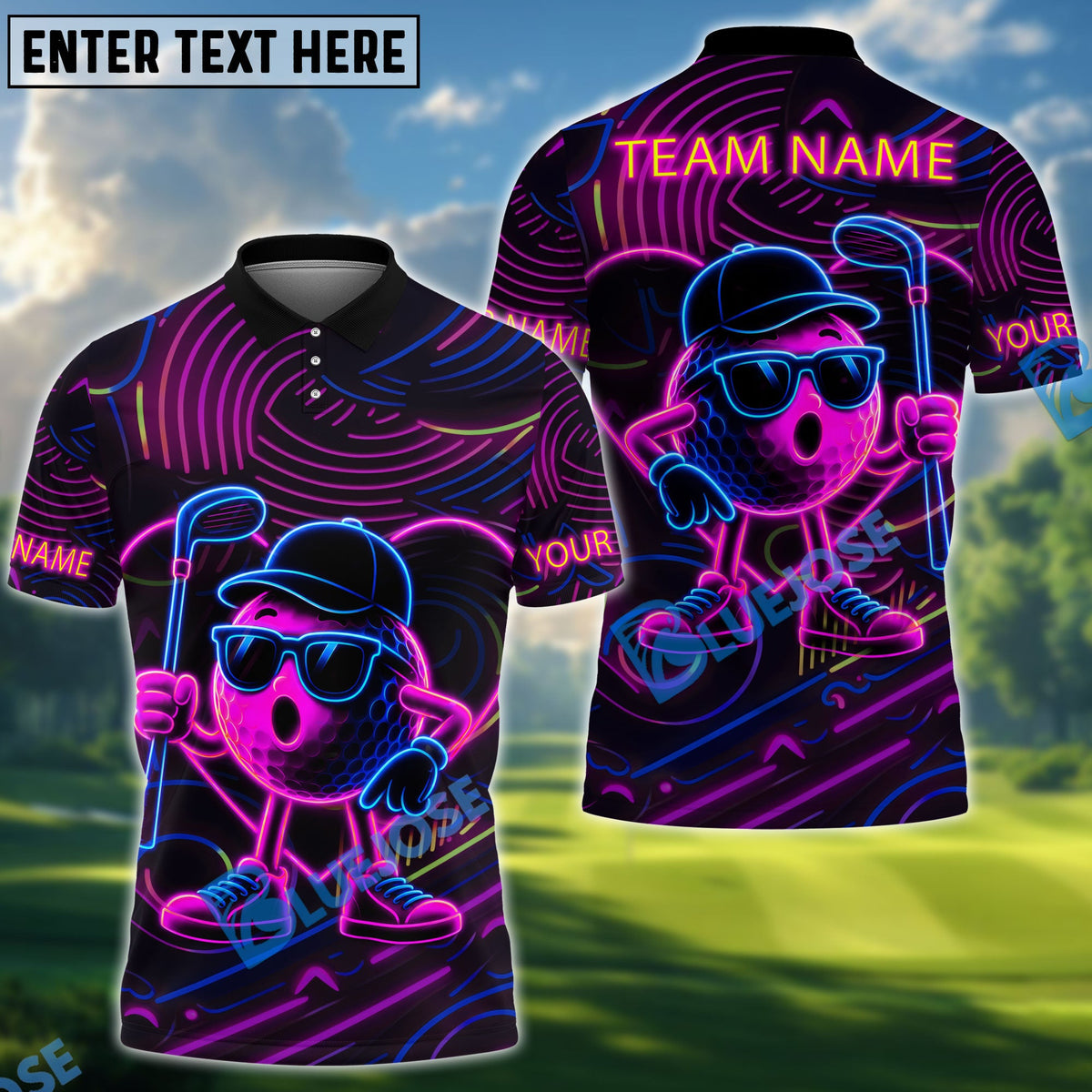 BlueJose Golf Neon Funny Character Personalized Name, Team Name 3D Shirt (4 Colors)