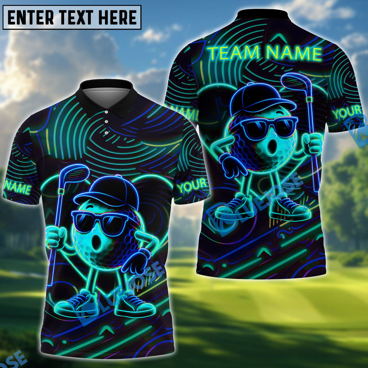 BlueJose Golf Neon Funny Character Personalized Name, Team Name 3D Shirt (4 Colors)