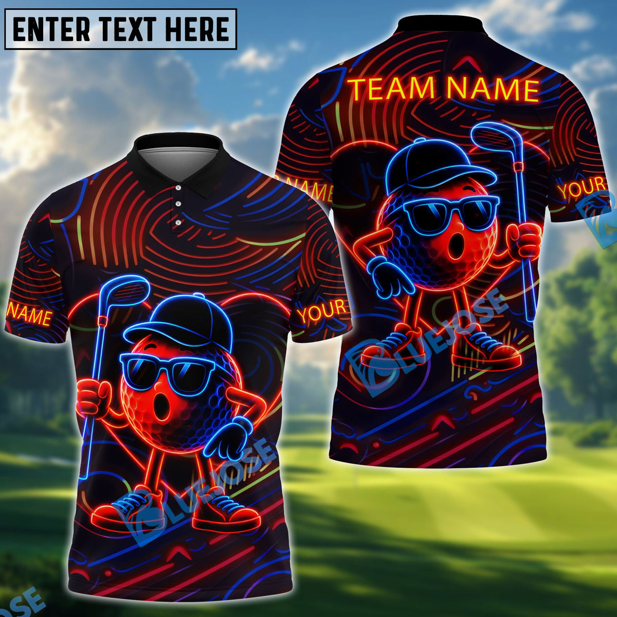 BlueJose Golf Neon Funny Character Personalized Name, Team Name 3D Shirt (4 Colors)