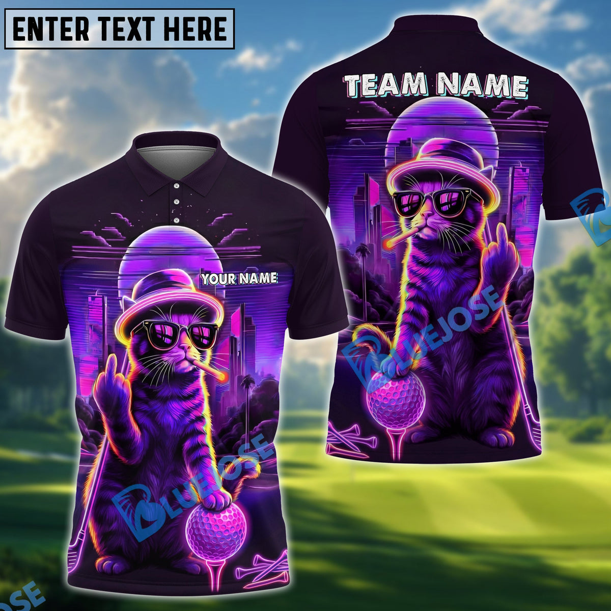 BlueJose Golf Cat Neon Style Personalized Name, Team Name 3D Shirt (4 Colors)