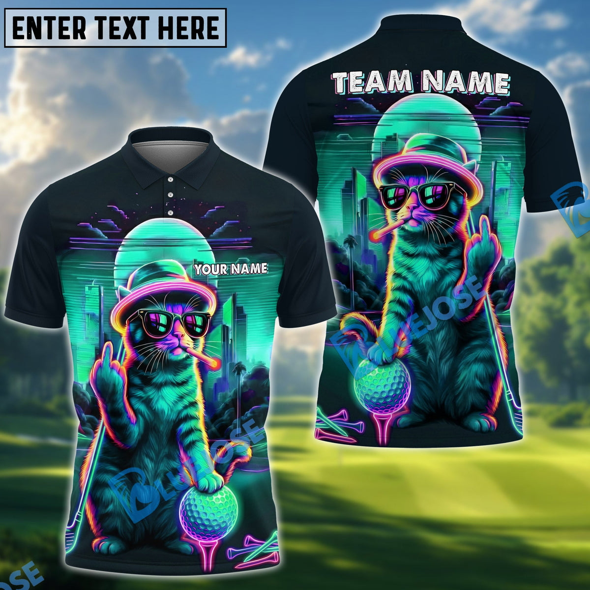 BlueJose Golf Cat Neon Style Personalized Name, Team Name 3D Shirt (4 Colors)