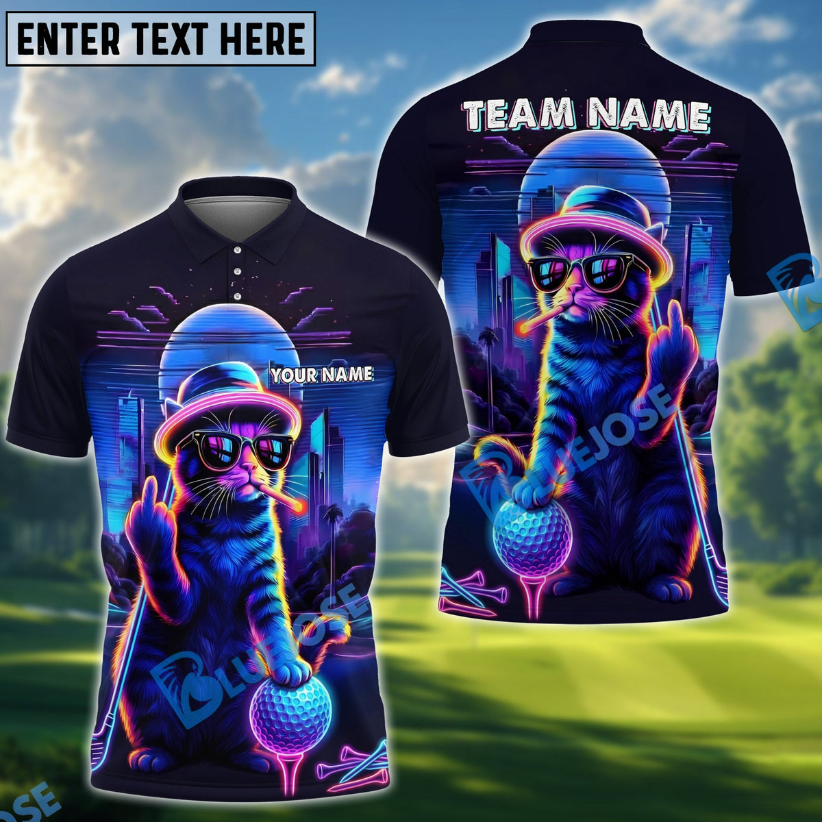BlueJose Golf Cat Neon Style Personalized Name, Team Name 3D Shirt (4 Colors)