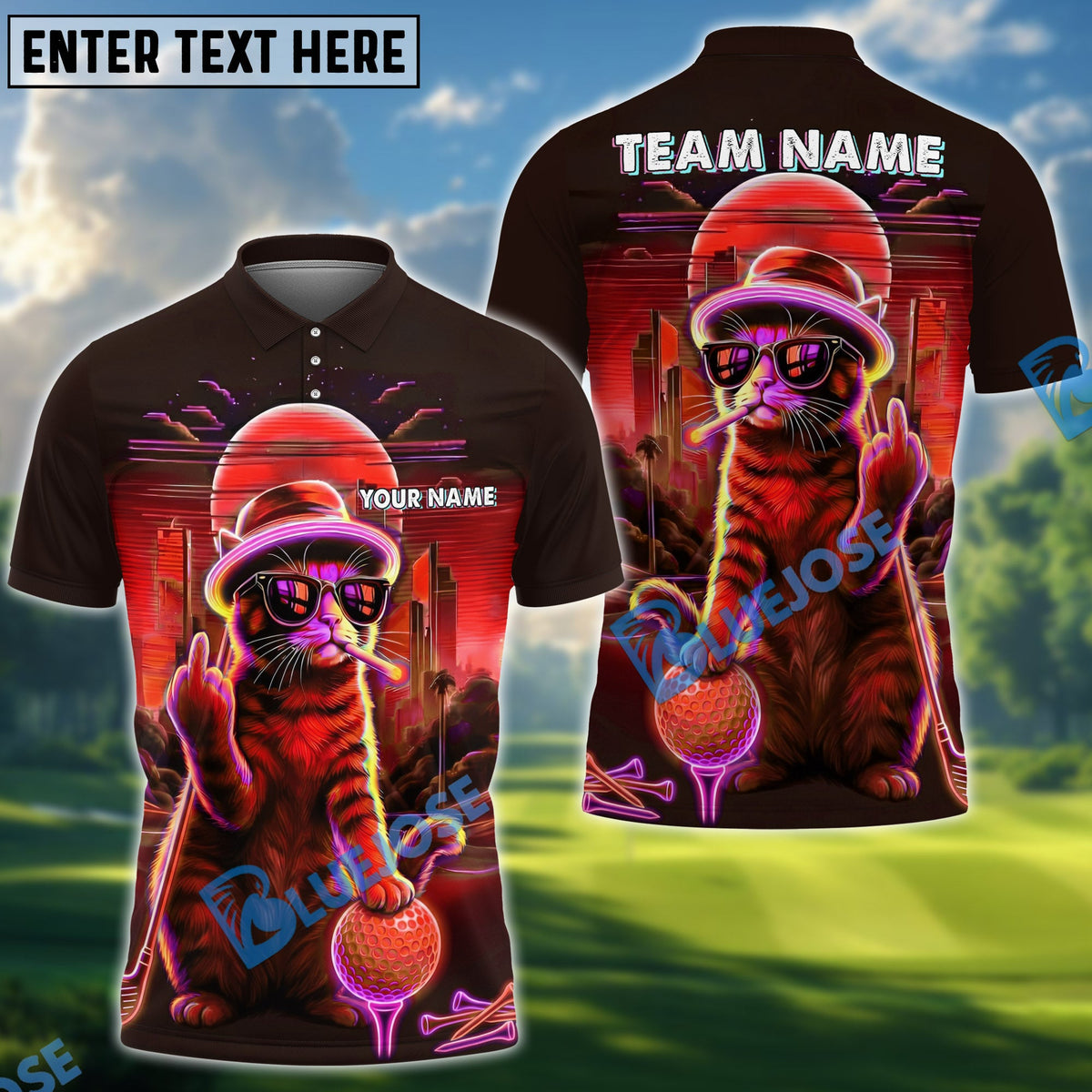 BlueJose Golf Cat Neon Style Personalized Name, Team Name 3D Shirt (4 Colors)