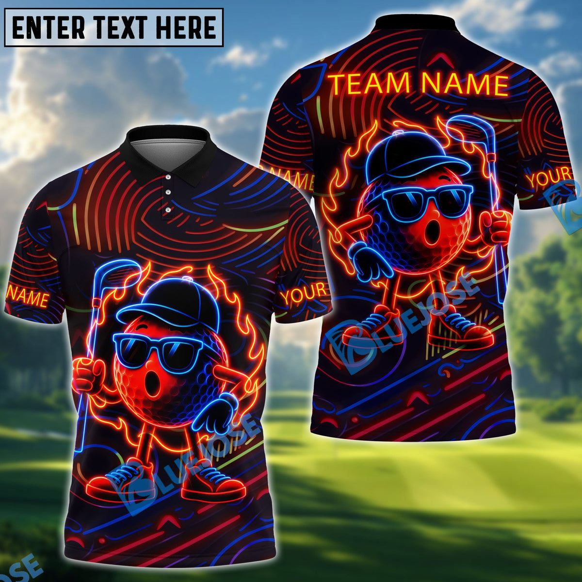 BlueJose Golf Neon Flame Personalized Name, Team Name 3D Shirt (4 Colors)