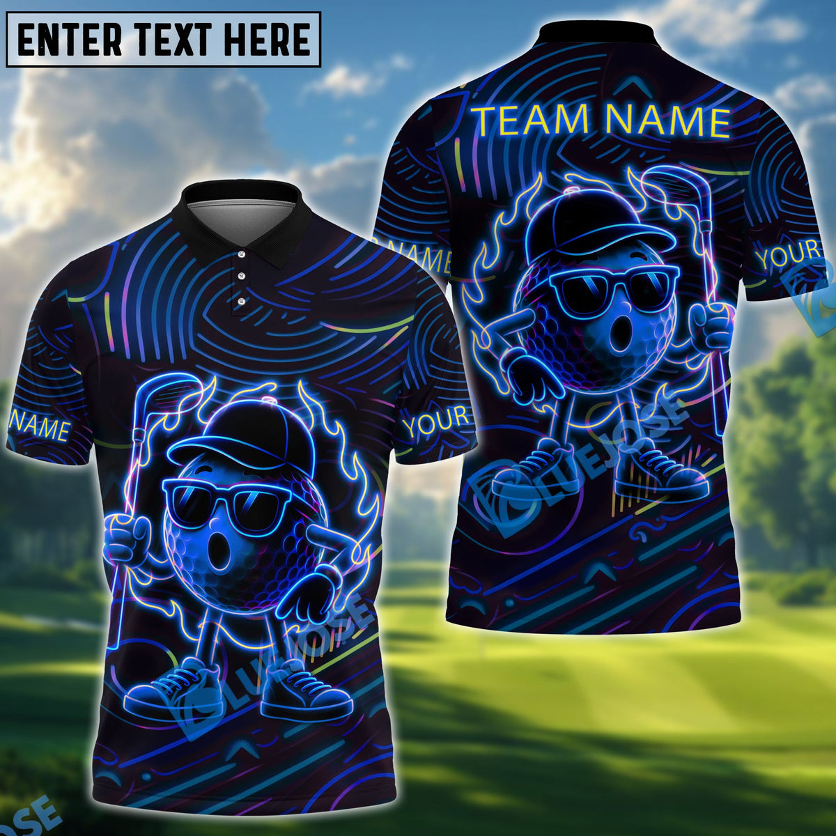 BlueJose Golf Neon Flame Personalized Name, Team Name 3D Shirt (4 Colors)