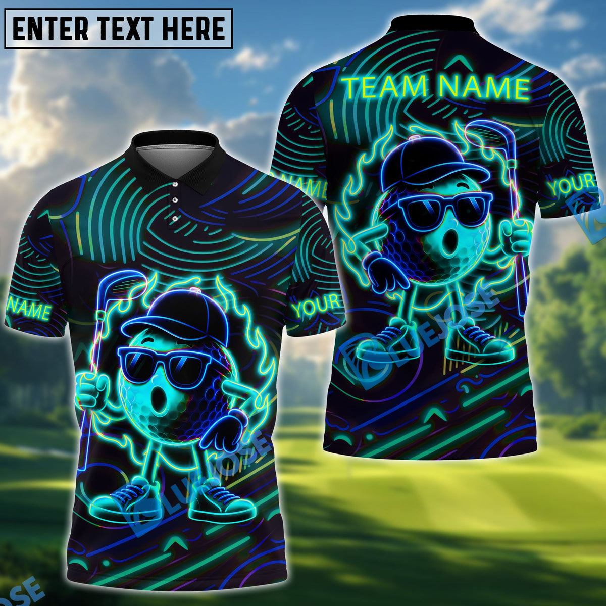 BlueJose Golf Neon Flame Personalized Name, Team Name 3D Shirt (4 Colors)