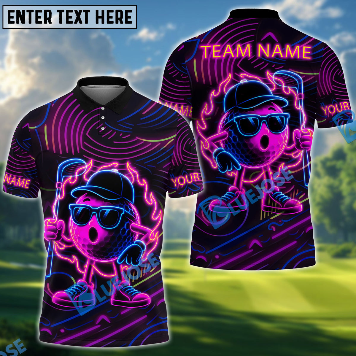 BlueJose Golf Neon Flame Personalized Name, Team Name 3D Shirt (4 Colors)